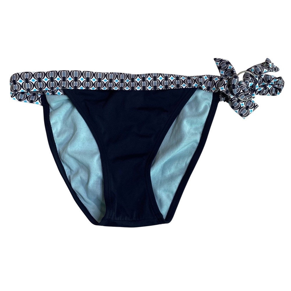 Gossip Womens L Bikini Bottom Black Blue Geometric Side Tie O-Ring Swimwear Pool